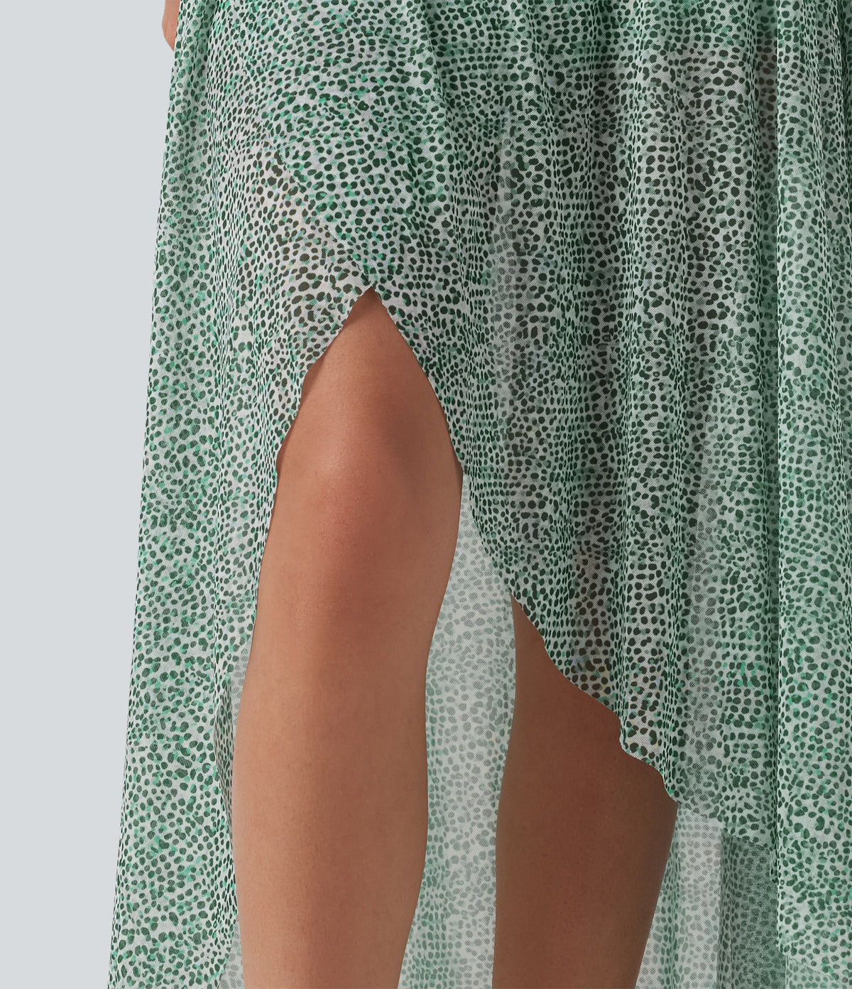 High Waisted High Low Ruffle 2-in-1 Leopard Print Mesh Maxi Skirt — Moss Pebble Dot — view 7