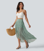 High Waisted High Low Ruffle 2-in-1 Leopard Print Mesh Maxi Skirt — Moss Pebble Dot — view 8