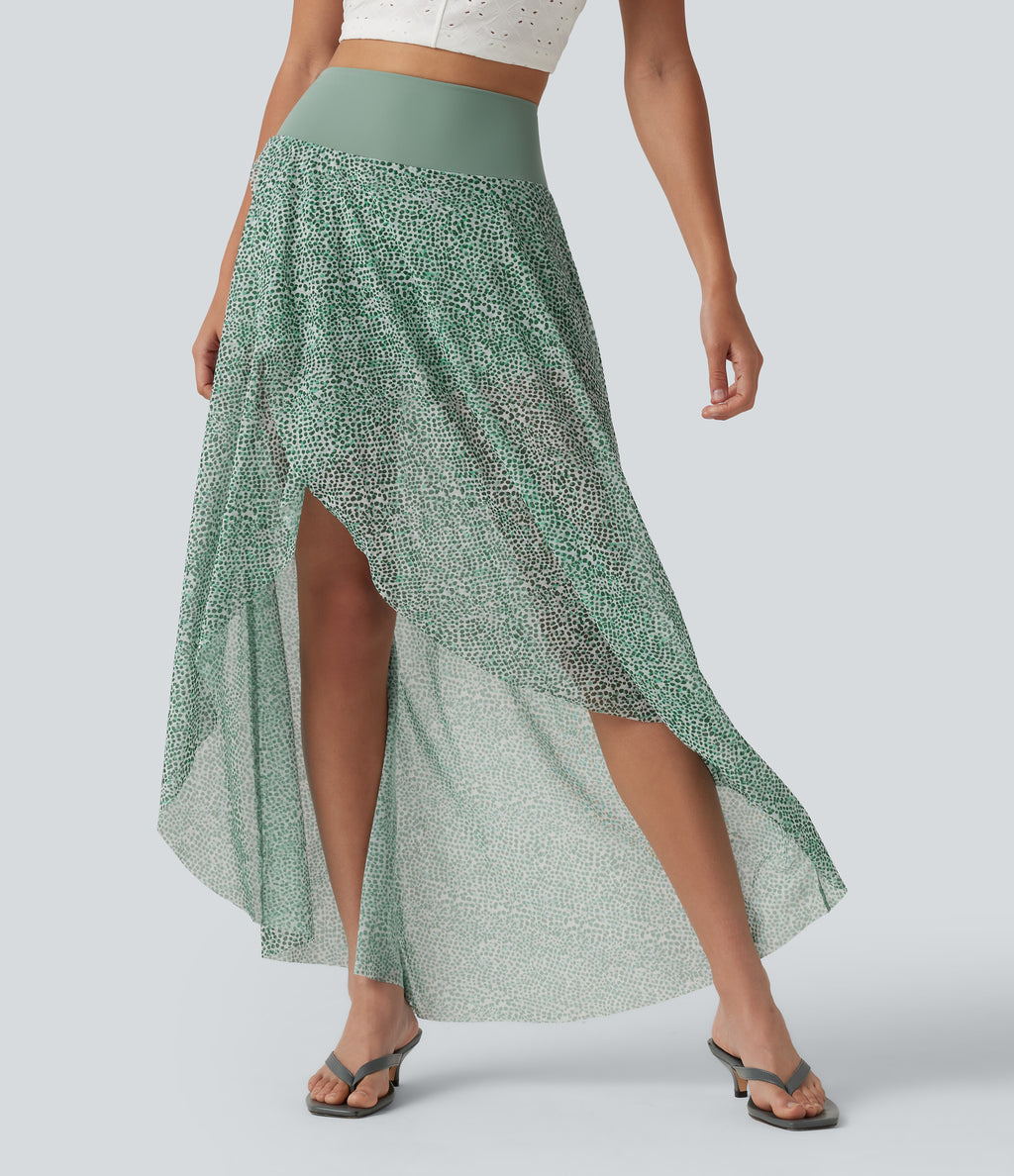 High Waisted High Low Ruffle 2-in-1 Leopard Print Mesh Maxi Skirt — Moss Pebble Dot — view 1