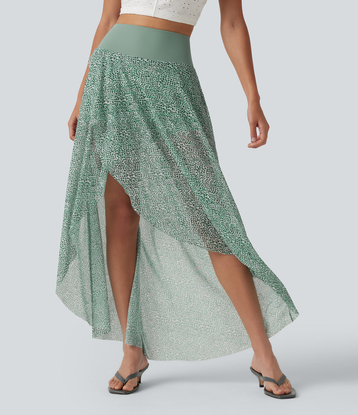 High Waisted High Low Ruffle 2-in-1 Leopard Print Mesh Maxi Skirt — Moss Pebble Dot — view 1