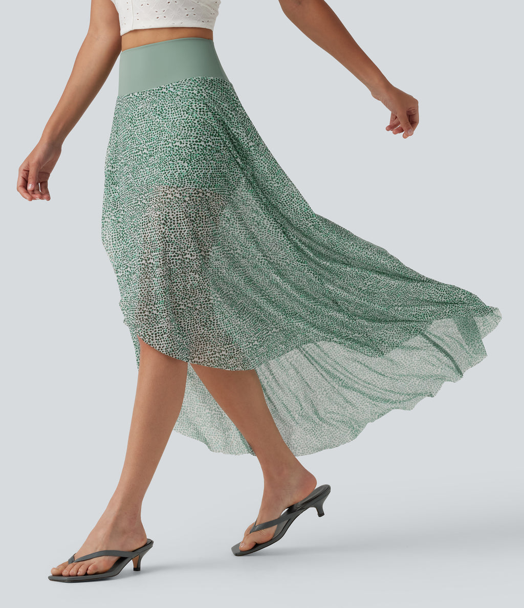 High Waisted High Low Ruffle 2-in-1 Leopard Print Mesh Maxi Skirt — Moss Pebble Dot — view 4