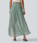 High Waisted High Low Ruffle 2-in-1 Leopard Print Mesh Maxi Skirt — Moss Pebble Dot — view 2