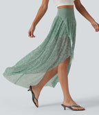 High Waisted High Low Ruffle 2-in-1 Leopard Print Mesh Maxi Skirt — Moss Pebble Dot — view 3