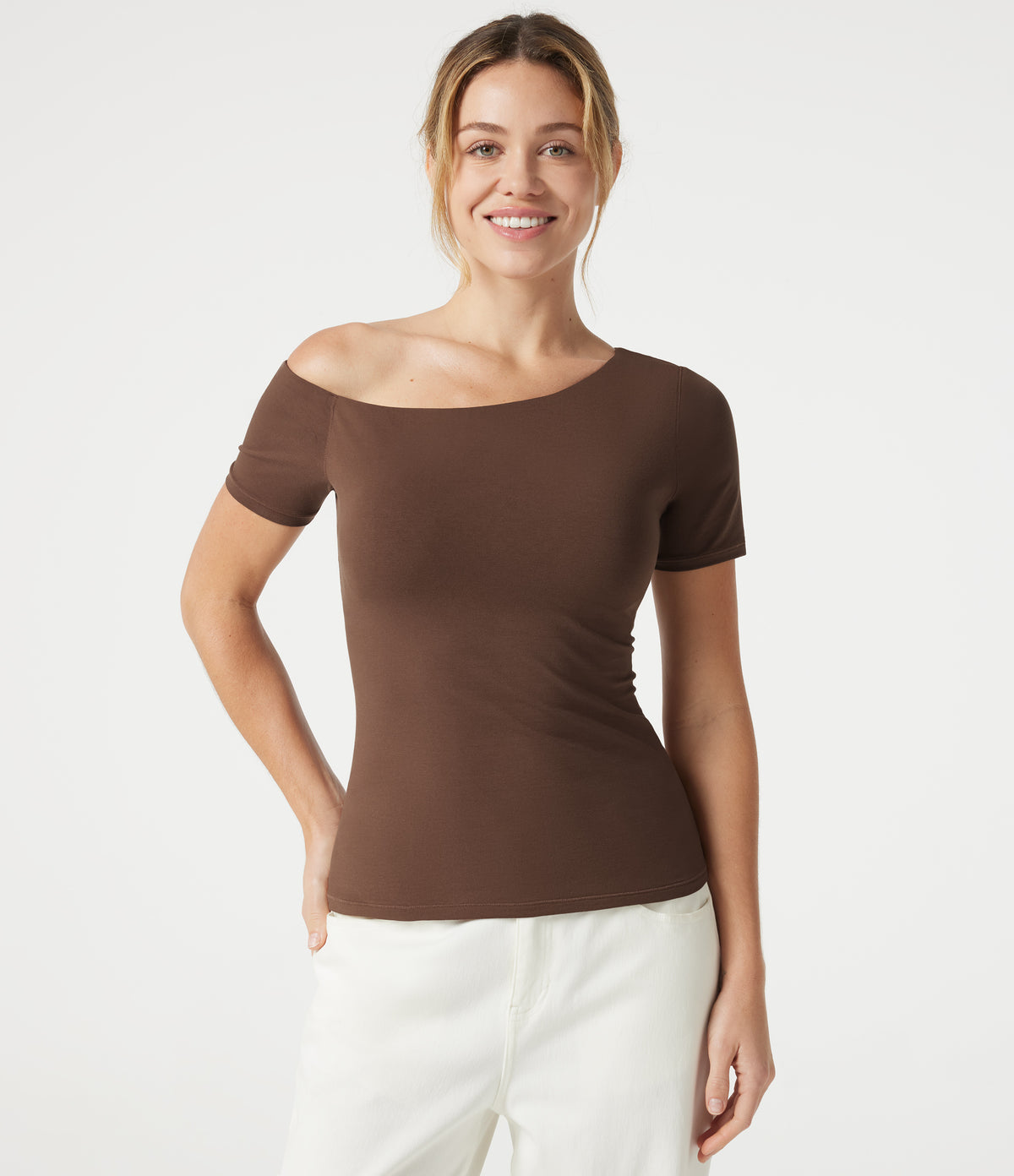 Cotton Jersey One-Shoulder Built-in Bra Casual T-Shirt B-DD Cups — Pinecone — view 2