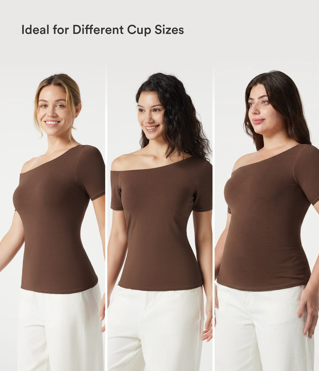 Cotton Jersey One-Shoulder Built-in Bra Casual T-Shirt B-DD Cups — Pinecone — view 3