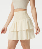 High Waisted Shirred Layered Mini Casual Linen-Feel Skirt — Vanilla Ice — view 4