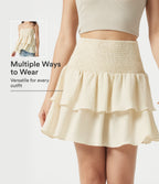 High Waisted Shirred Layered Mini Casual Linen-Feel Skirt — Vanilla Ice — view 1