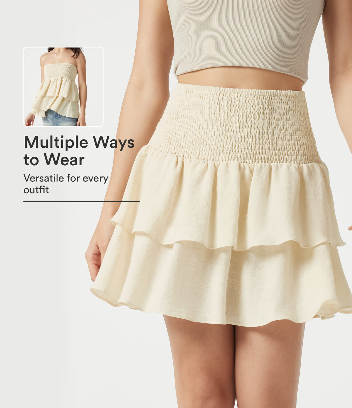High Waisted Shirred Layered Mini Casual Linen-Feel Skirt — Vanilla Ice — view 1