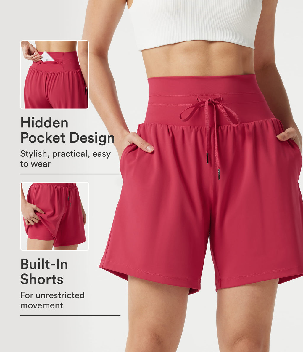 Airy Ultra High-Waist Drawstring 2-in-1 InstantCool Yoga Shorts 7" with Pockets — Winterberry — view 1