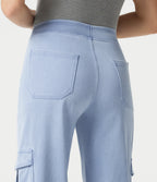 Denim Mid Rise Casual Cargo Joggers with Pockets — Denim Cyan Blue — view 5