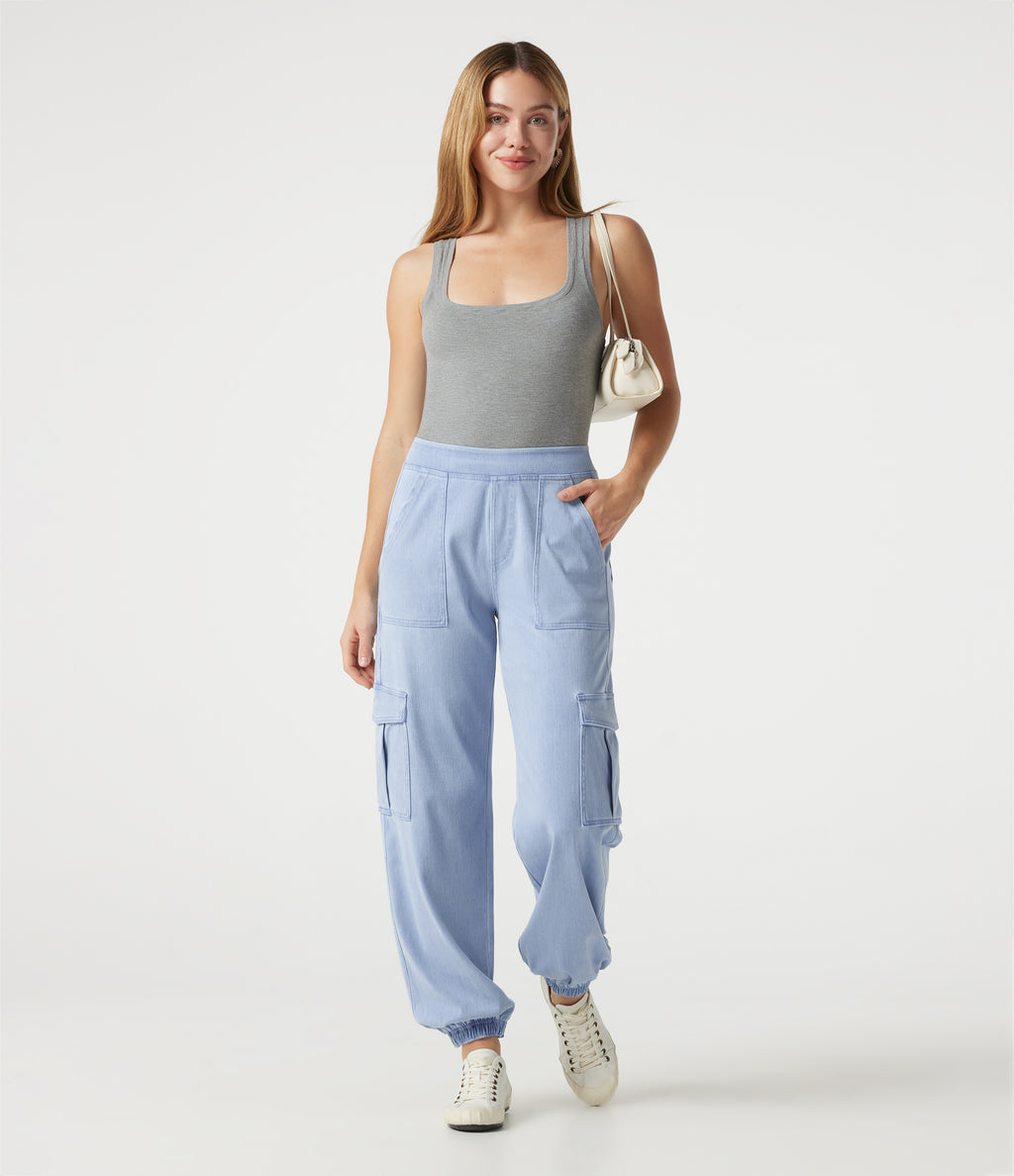 Denim Mid Rise Casual Cargo Joggers with Pockets — Denim Cyan Blue — view 8