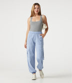 Denim Mid Rise Casual Cargo Joggers with Pockets — Denim Cyan Blue — view 8