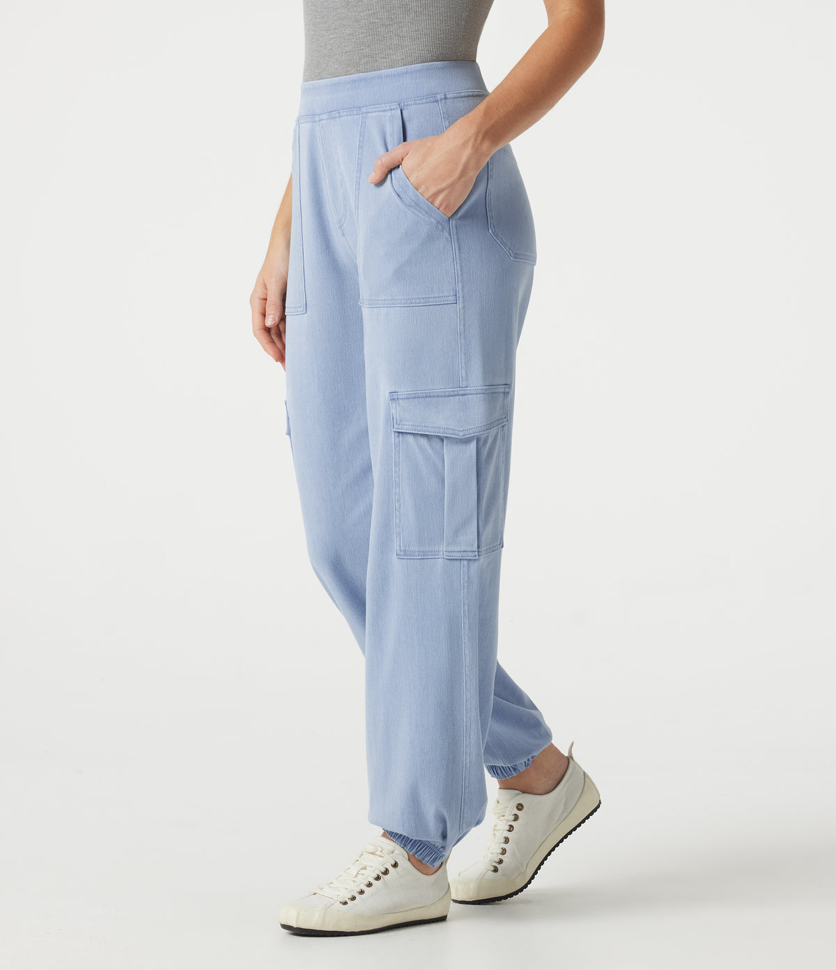 Denim Mid Rise Casual Cargo Joggers with Pockets — Denim Cyan Blue — view 2