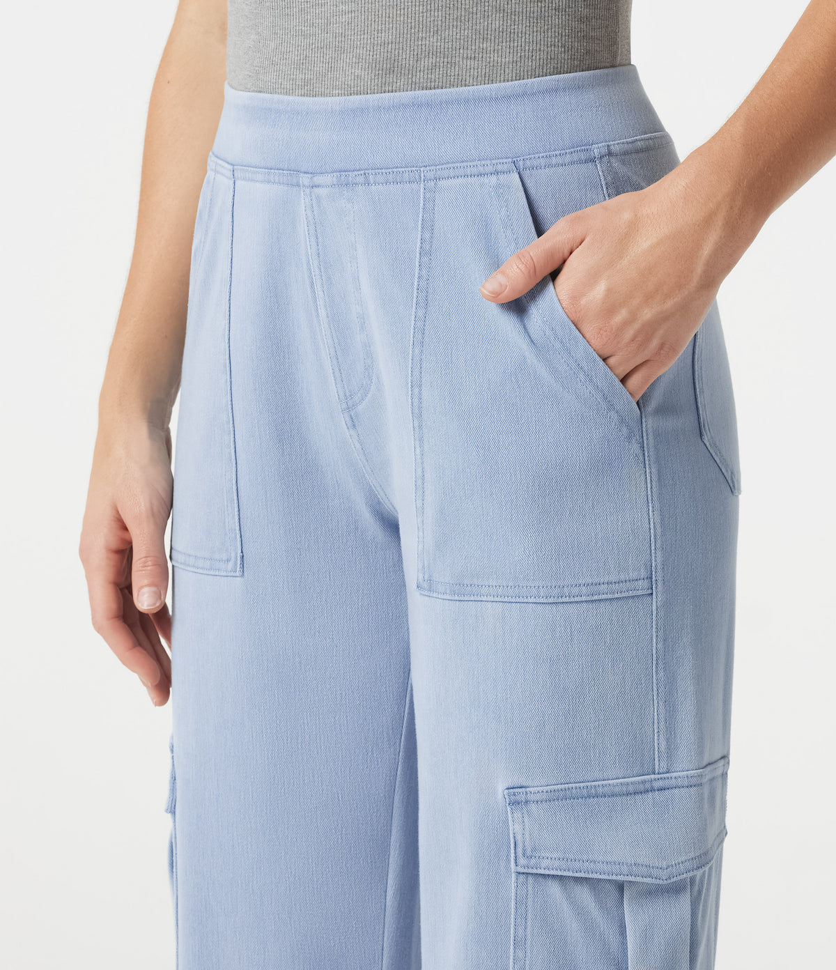Denim Mid Rise Casual Cargo Joggers with Pockets — Denim Cyan Blue — view 4