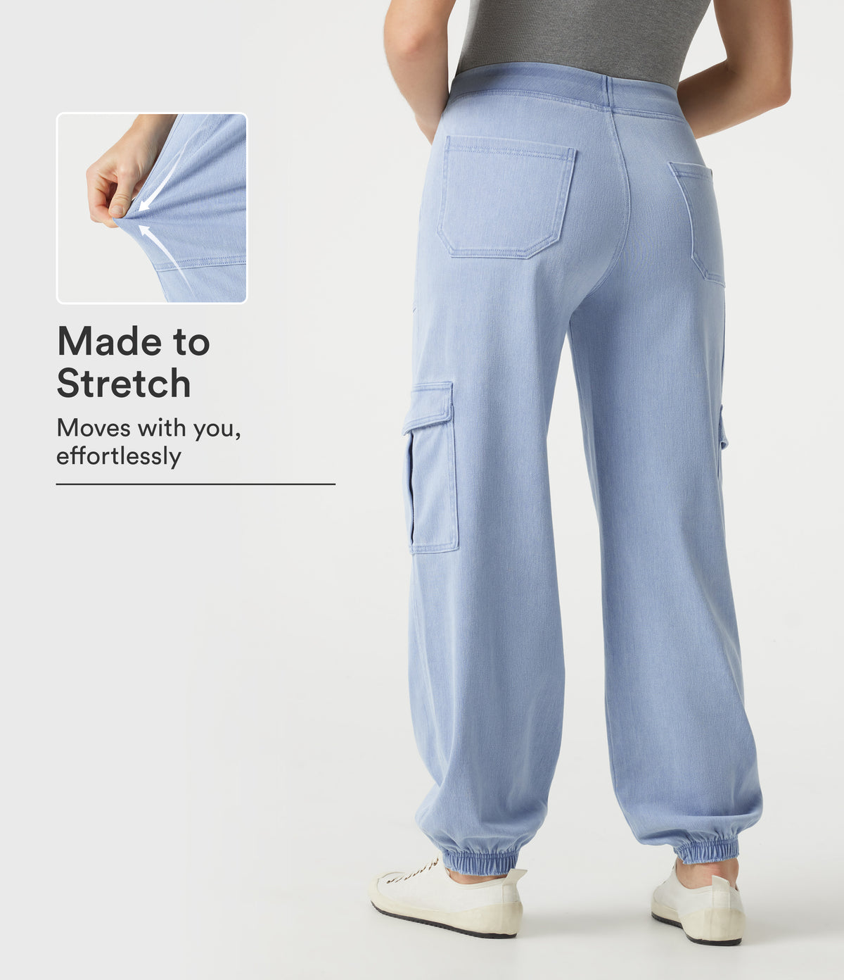 Denim Mid Rise Casual Cargo Joggers with Pockets — Denim Cyan Blue — view 1