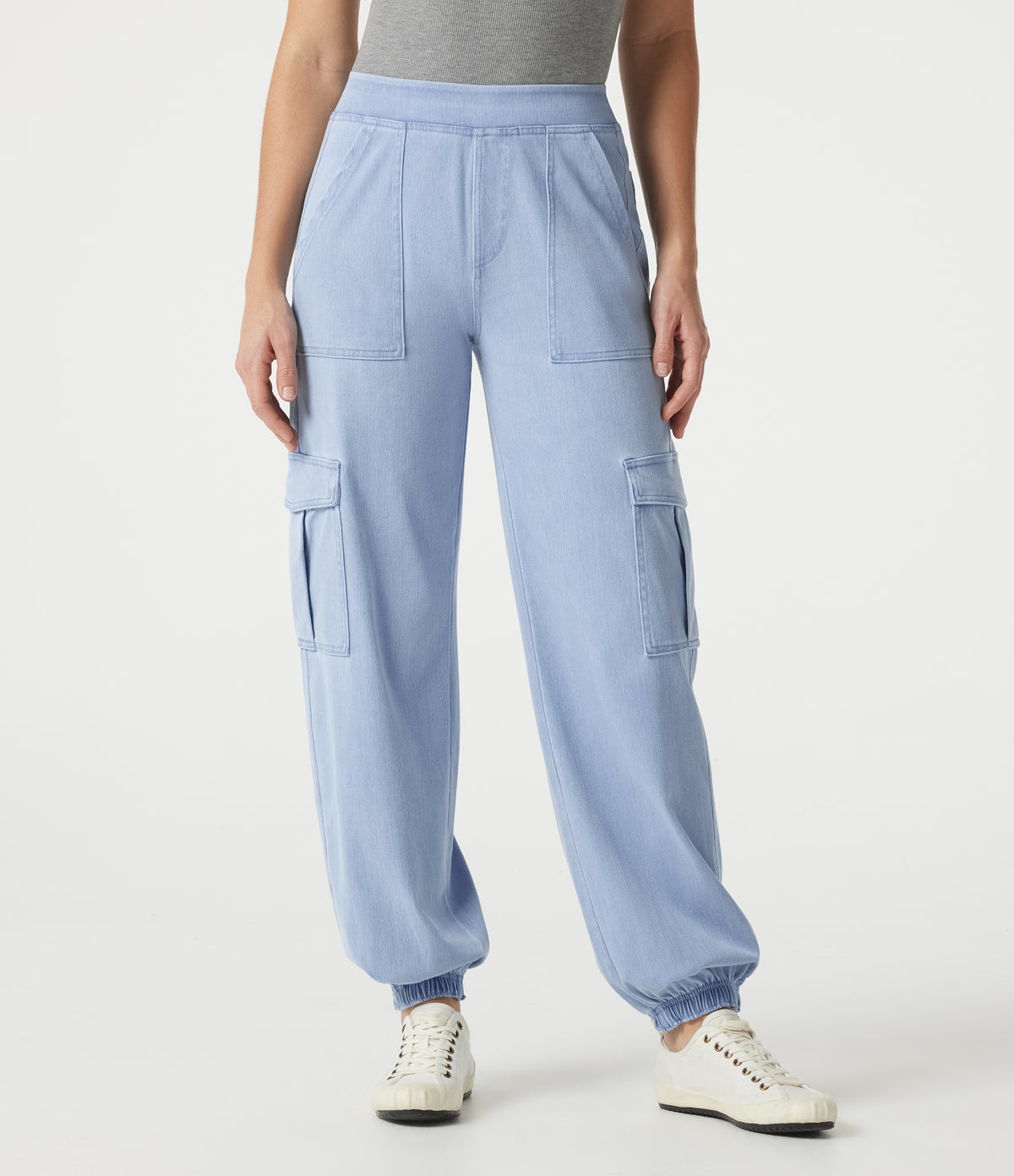 Denim Mid Rise Casual Cargo Joggers with Pockets — Denim Cyan Blue — view 3