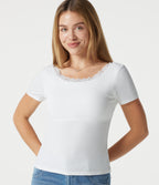 Ribbed Knit Scoop Neck U Back Short Sleeve Contrast Lace Built-in Bra Casual T-Shirt — White — view 5