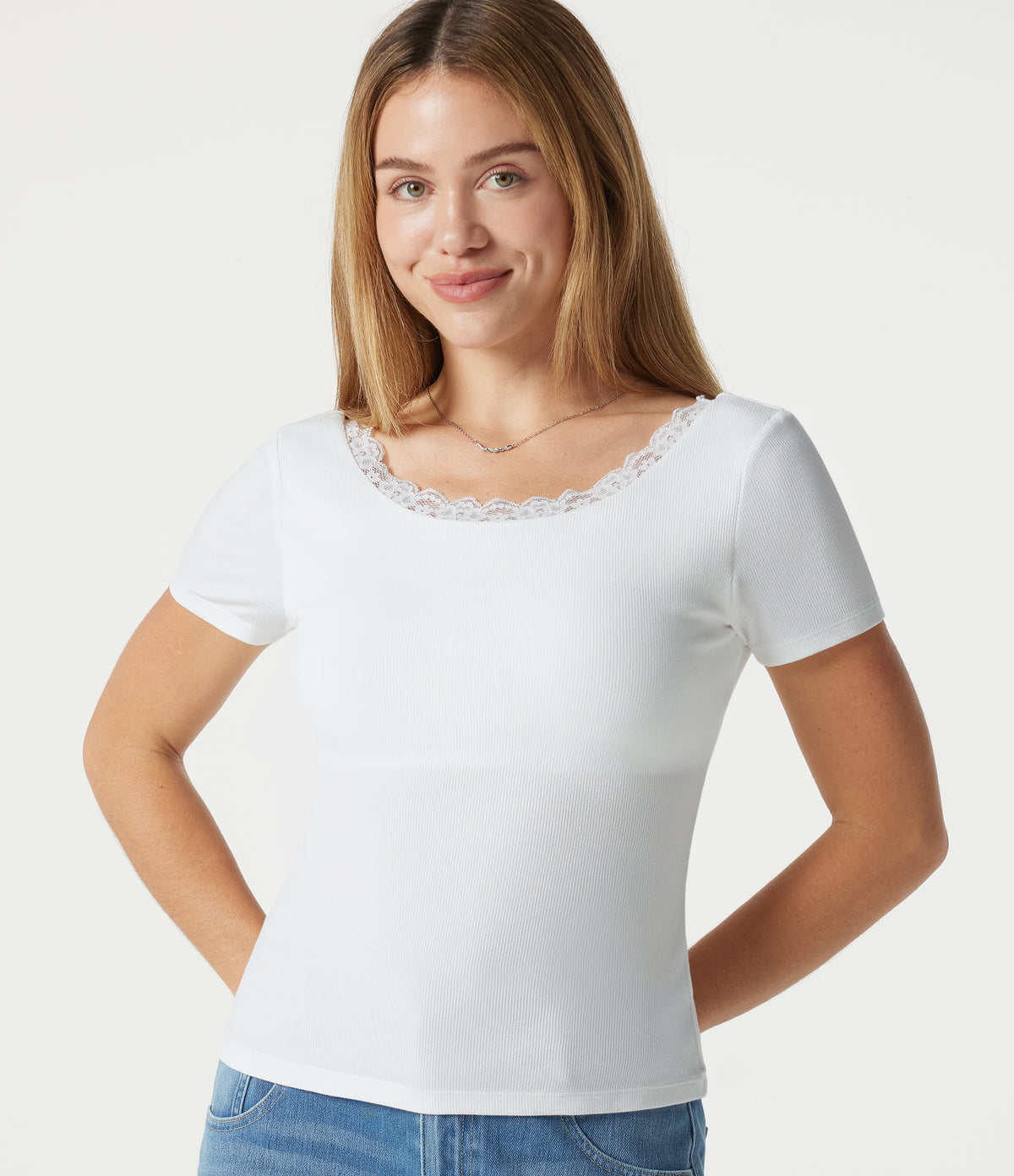 Ribbed Knit Scoop Neck U Back Short Sleeve Contrast Lace Built-in Bra Casual T-Shirt — White — view 5
