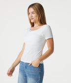 Ribbed Knit Scoop Neck U Back Short Sleeve Contrast Lace Built-in Bra Casual T-Shirt — White — view 4