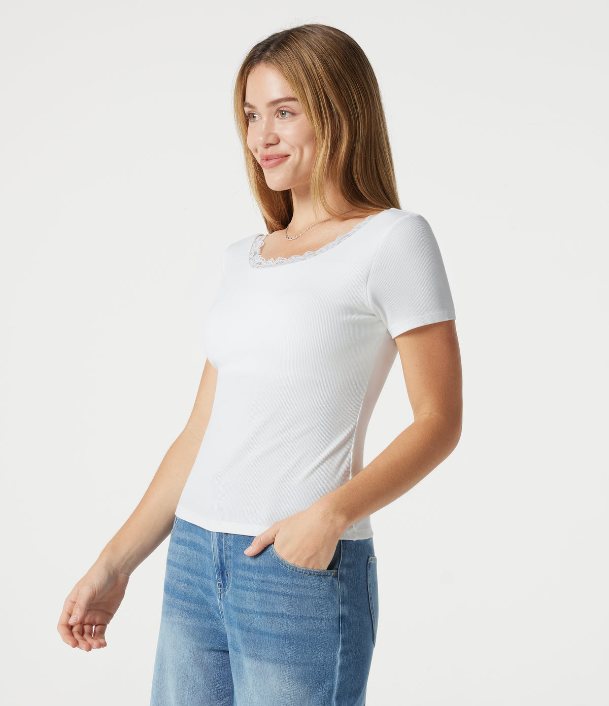 Ribbed Knit Scoop Neck U Back Short Sleeve Contrast Lace Built-in Bra Casual T-Shirt — White — view 4