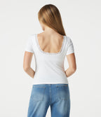 Ribbed Knit Scoop Neck U Back Short Sleeve Contrast Lace Built-in Bra Casual T-Shirt — White — view 2