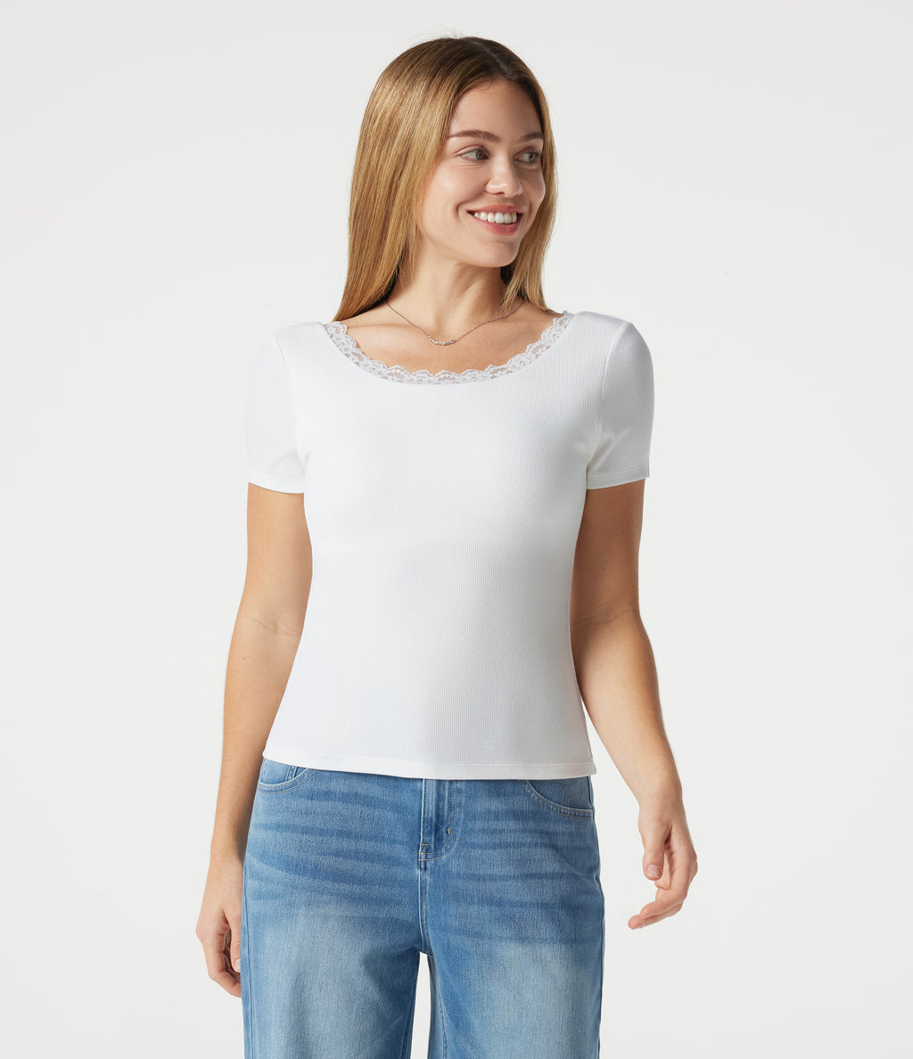 Ribbed Knit Scoop Neck U Back Short Sleeve Contrast Lace Built-in Bra Casual T-Shirt — White — view 3