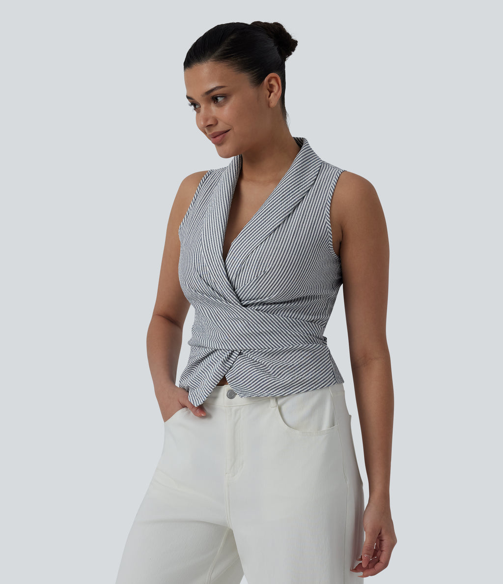 V Neck Tie Back Sleeveless Stripe Casual Shirt — Sailor Pinstripe — view 3