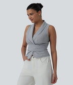 V Neck Tie Back Sleeveless Stripe Casual Shirt — Sailor Pinstripe — view 3