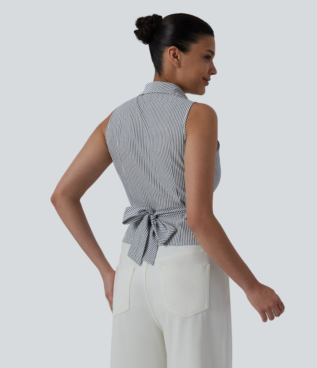 V Neck Tie Back Sleeveless Stripe Casual Shirt — Sailor Pinstripe — view 2