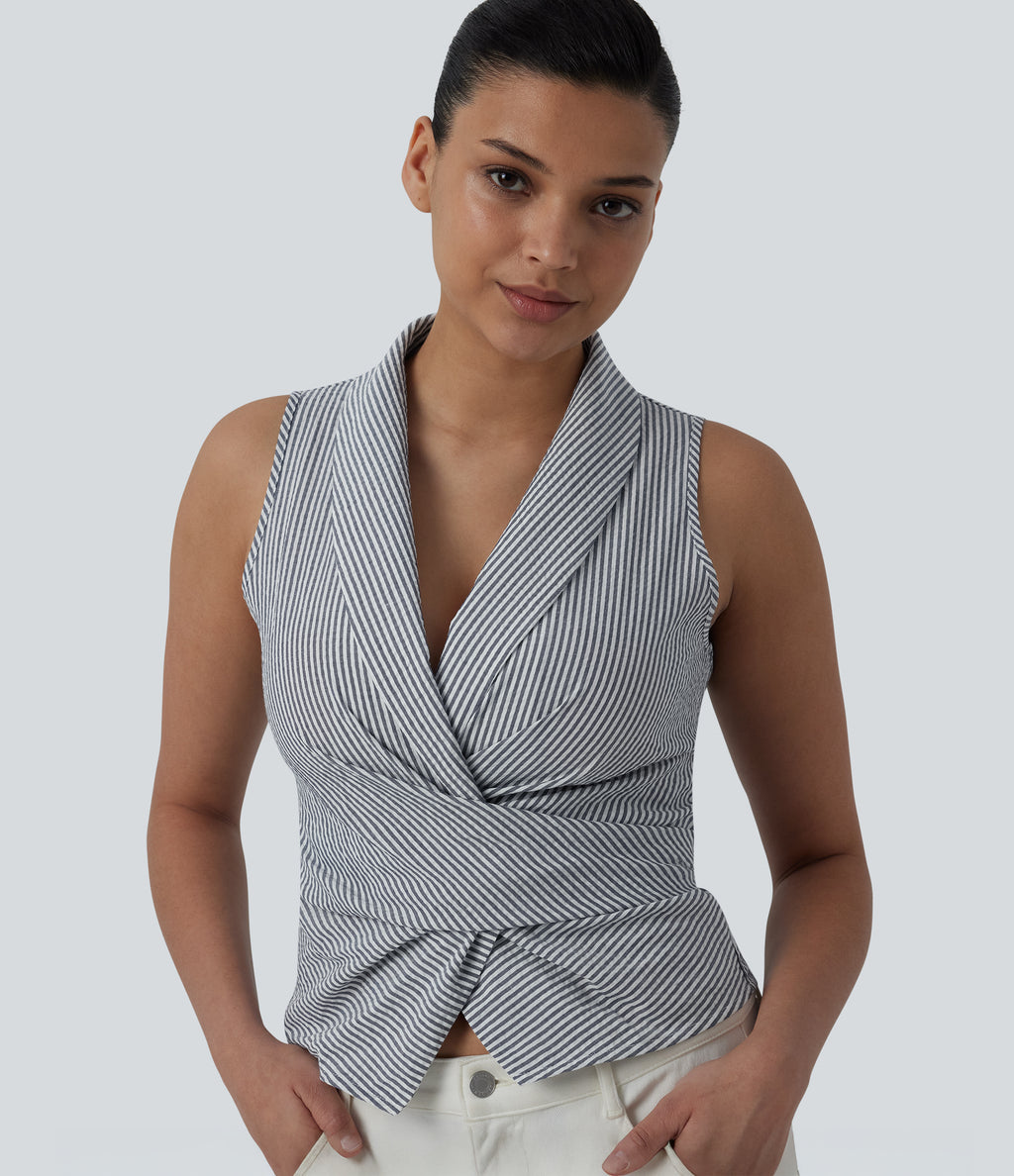 V Neck Tie Back Sleeveless Stripe Casual Shirt — Sailor Pinstripe — view 1
