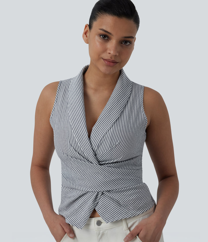 V Neck Tie Back Sleeveless Stripe Casual Shirt — Sailor Pinstripe — view 1