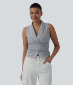V Neck Tie Back Sleeveless Stripe Casual Shirt — Sailor Pinstripe — view 4