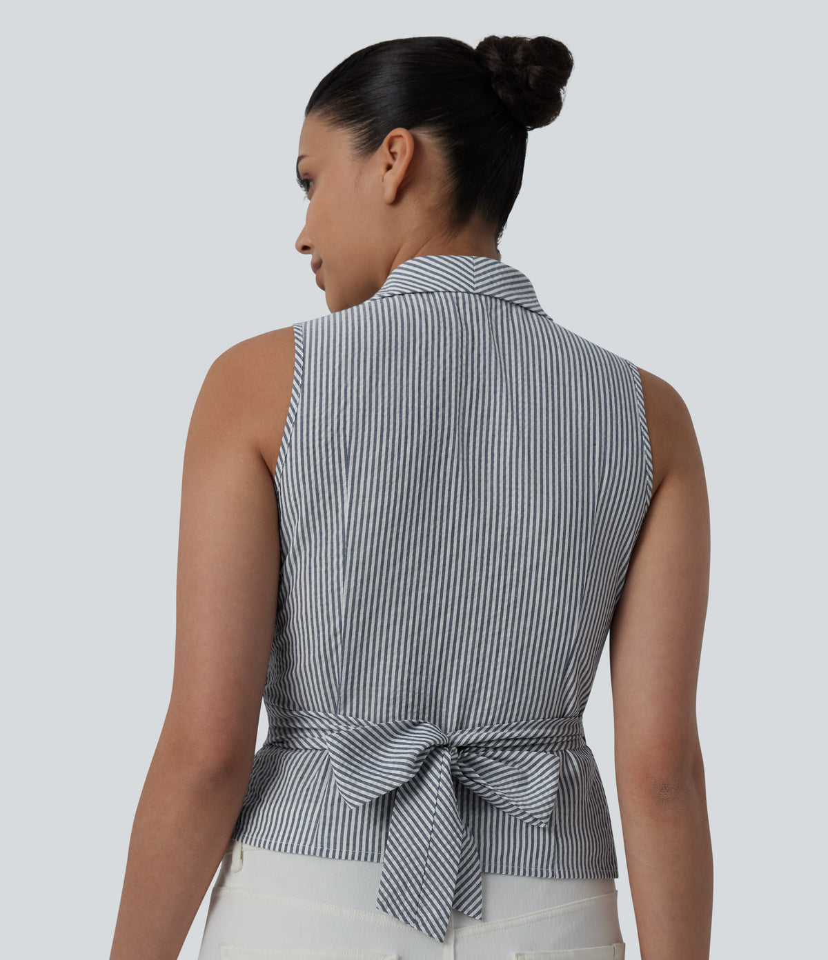 V Neck Tie Back Sleeveless Stripe Casual Shirt — Sailor Pinstripe — view 5