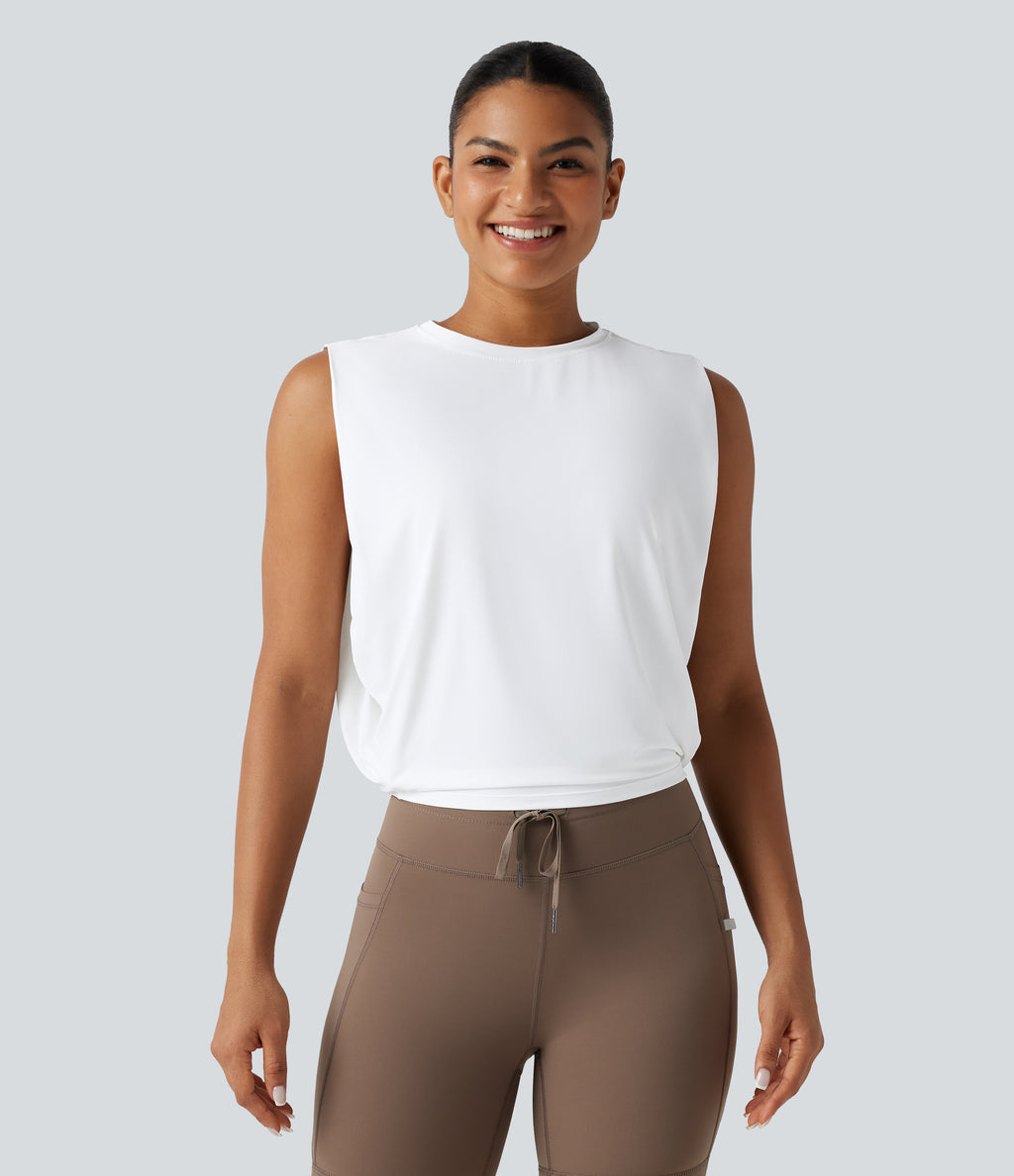 Round Neck InstantCool Cropped Yoga Tank Top-UPF50+ — White — view 3