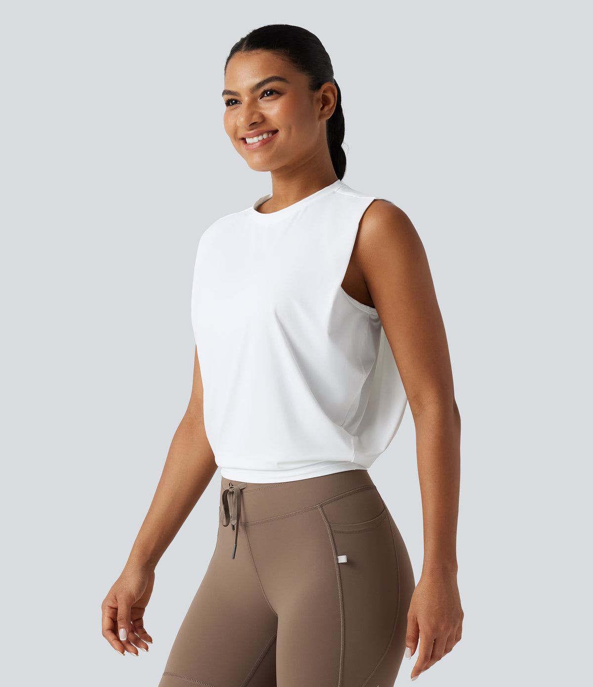 Round Neck InstantCool Cropped Yoga Tank Top-UPF50+ — White — view 4