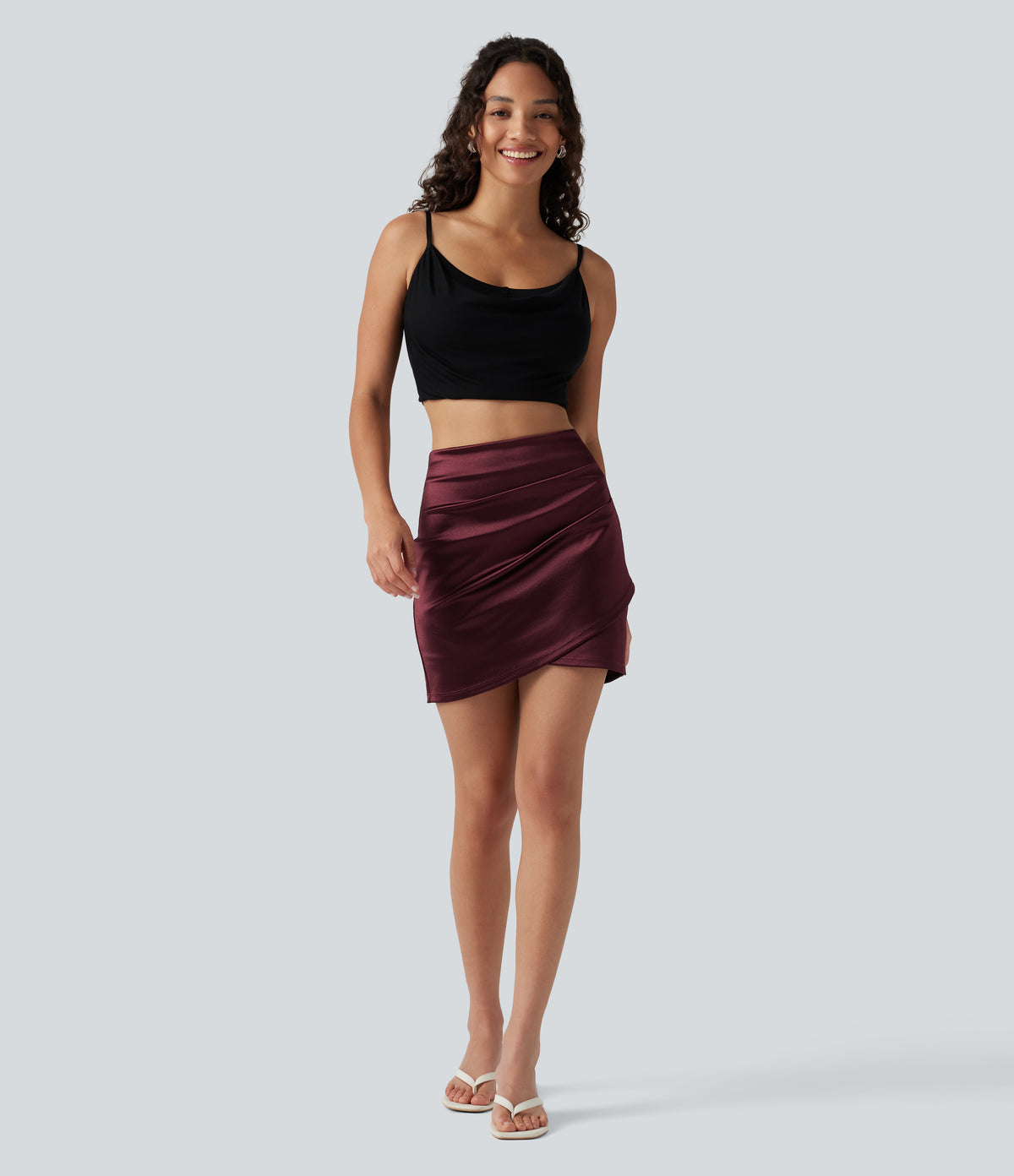 High Waisted Ruched Crossover Hem 2-in-1 Bodycon Satin Mini Casual Skirt — Zinfandel — view 7