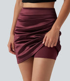 High Waisted Ruched Crossover Hem 2-in-1 Bodycon Satin Mini Casual Skirt — Zinfandel — view 4