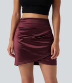 High Waisted Ruched Crossover Hem 2-in-1 Bodycon Satin Mini Casual Skirt — Zinfandel — view 1