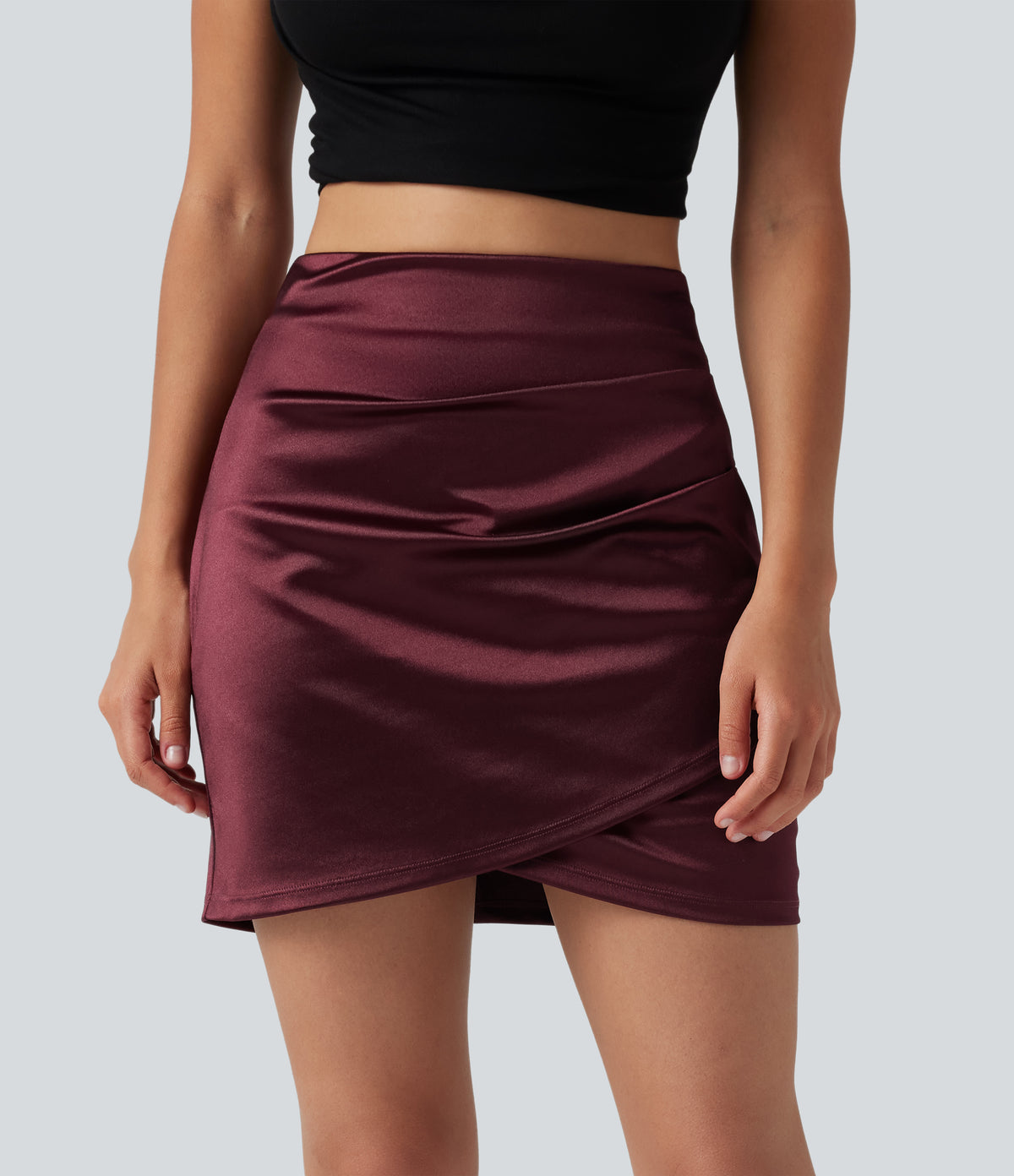 High Waisted Ruched Crossover Hem 2-in-1 Bodycon Satin Mini Casual Skirt — Zinfandel — view 1