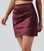 High Waisted Ruched Crossover Hem 2-in-1 Bodycon Satin Mini Casual Skirt — Zinfandel — view 6