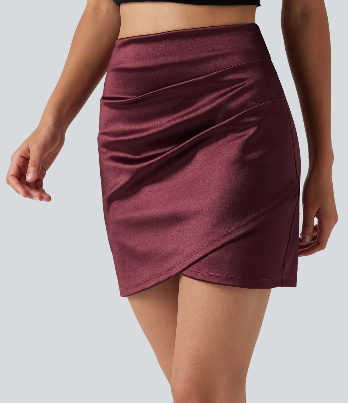 High Waisted Ruched Crossover Hem 2-in-1 Bodycon Satin Mini Casual Skirt — Zinfandel — view 6