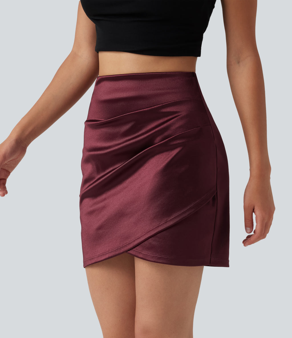 High Waisted Ruched Crossover Hem 2-in-1 Bodycon Satin Mini Casual Skirt — Zinfandel — view 3