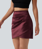 High Waisted Ruched Crossover Hem 2-in-1 Bodycon Satin Mini Casual Skirt — Zinfandel — view 3