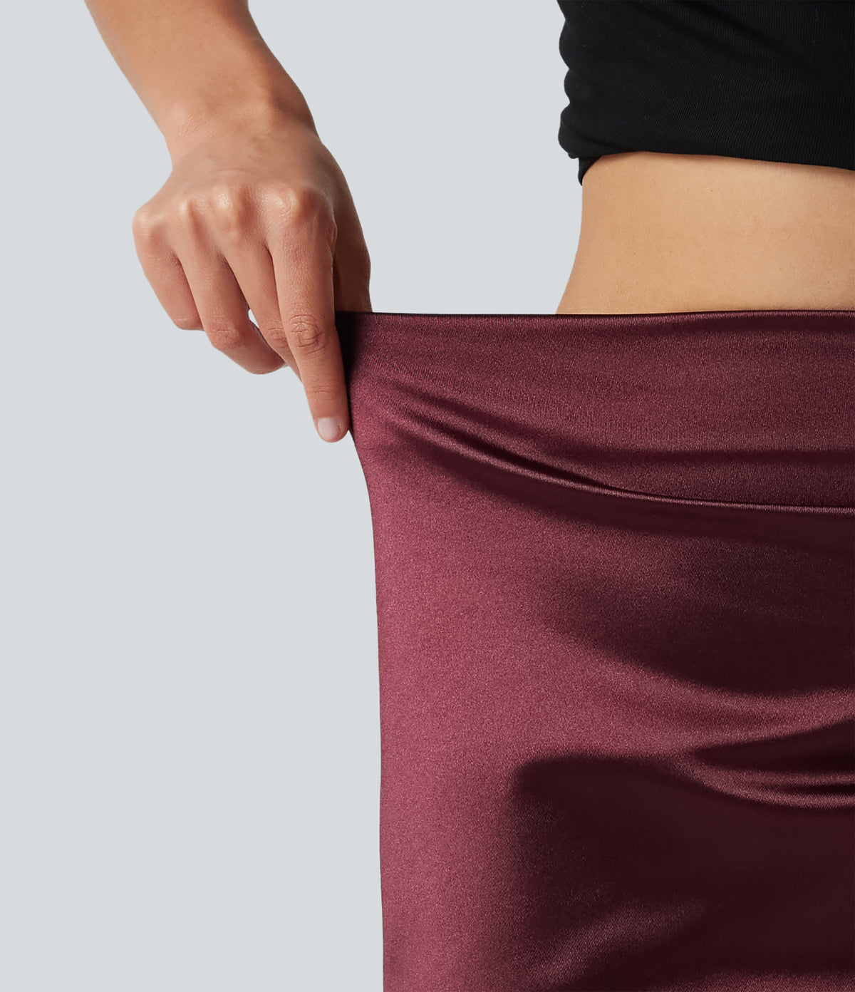 High Waisted Ruched Crossover Hem 2-in-1 Bodycon Satin Mini Casual Skirt — Zinfandel — view 5