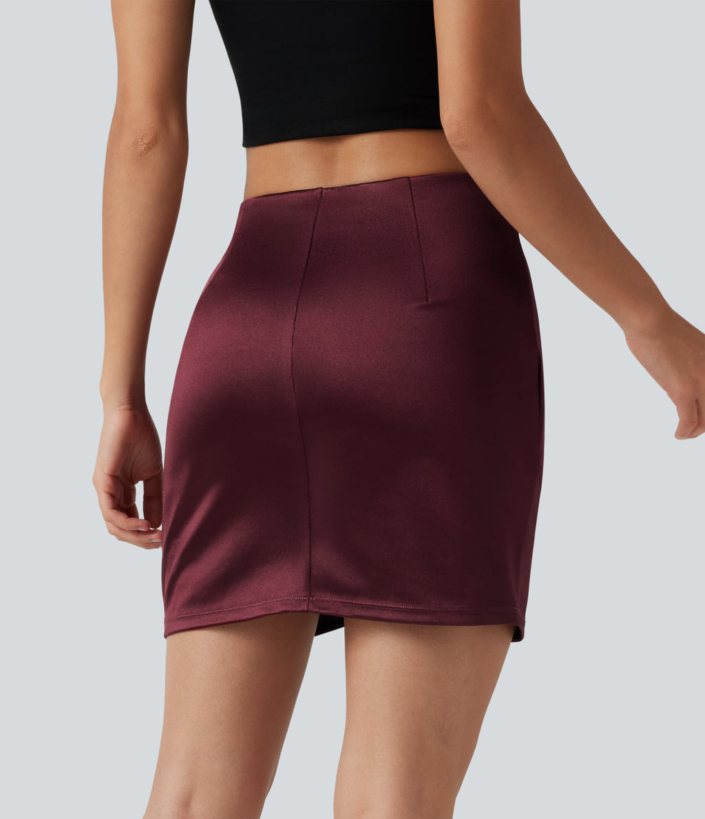 High Waisted Ruched Crossover Hem 2-in-1 Bodycon Satin Mini Casual Skirt — Zinfandel — view 2