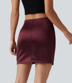 High Waisted Ruched Crossover Hem 2-in-1 Bodycon Satin Mini Casual Skirt — Zinfandel — view 2