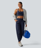 High Waisted Drawstring Ruched Tapered Quick Dry InstantCool Running Joggers with Pockets-UPF40+ — Peacoat — view 7