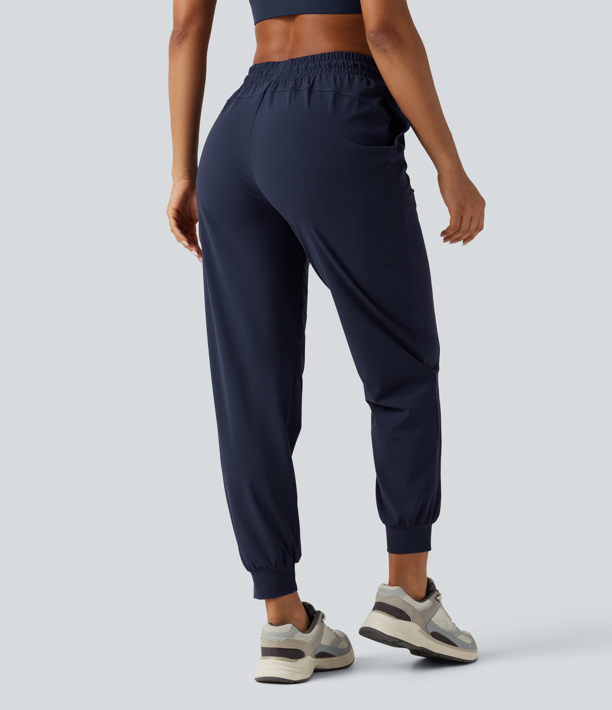 High Waisted Drawstring Ruched Tapered Quick Dry InstantCool Running Joggers with Pockets-UPF40+ — Peacoat — view 2