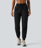 High Waisted Drawstring Ruched Tapered Quick Dry InstantCool Running Joggers with Pockets-UPF40+ — Black — view 9