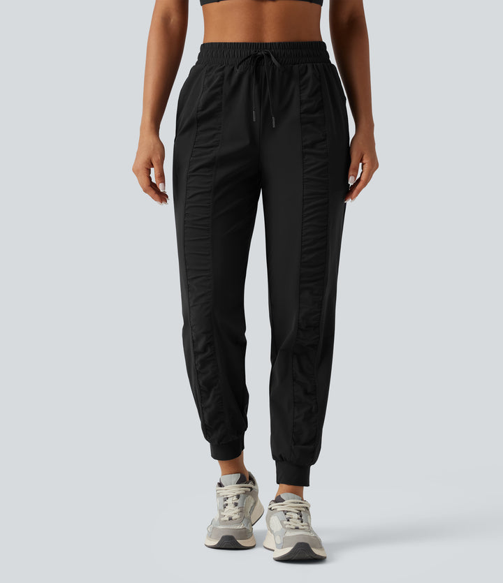High Waisted Drawstring Ruched Tapered Quick Dry InstantCool Running Joggers with Pockets-UPF40+ — Black — view 9